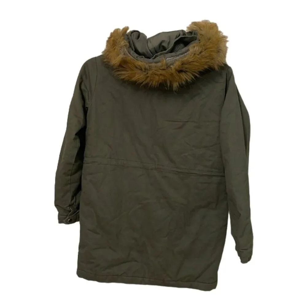 Forever 21 Green Faux Fur Parka Coat Jacket Girls Size 13/14 Full Zip Lined